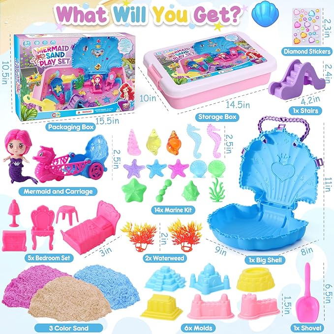 G.C Ocean Mermaid Sensory Bin for Girl Kid Toy, 2lb Play Sand/Large Sea Shell/Sandbox/ 6 Castle Molds/Figures, Mermaid Sensory Toys Christmas Birthday Gift for Toddlers Girls Age 3 4 5 6 7 8