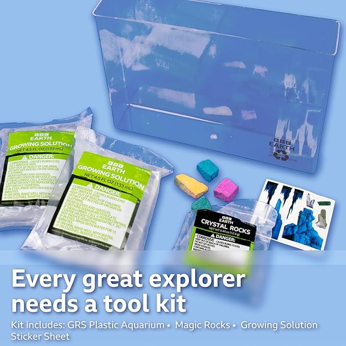BBC Earth Grow & Discover Crystal Aquarium, Grow Colorful Cave-Like Crystal Formations Inside Reusable Tank, Magic Rocks, STEM Toys, Unique Crystal Growing kit, Science Experiments for Kids 6-8