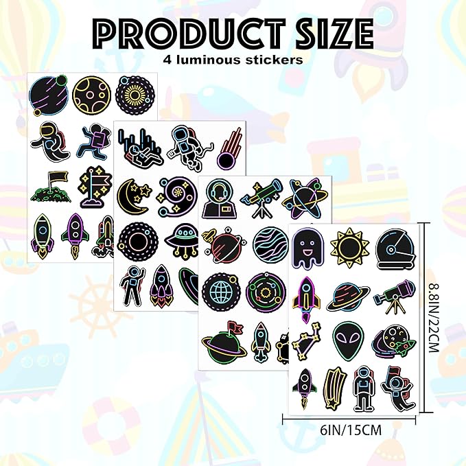 52 PCS Glow in The Dark Neon Space Stickers for Kids, Waterproof Water Bottle Stickers for Kids Astronaut Planet Vinyl Laptop Decals for Teens Girls Boys