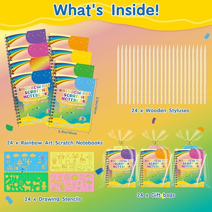 YSCare Scratch Arts Party Favors for Kids: 24 Pack Rainbow Art Scratch Notebook, Art Craft Kit Goodie Bags Stuffers, Birthday Gift Bulk Return Gifts Classroom Prizes for Girls Boy 4-8-12