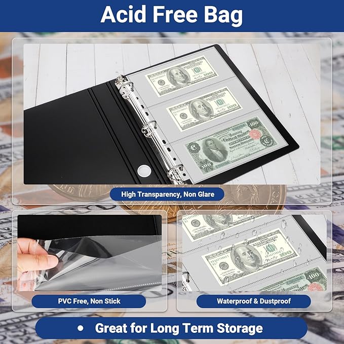 90 Pockets Acid Free Currency Sleeves, Non Stick and Non Glare Dollar Bill Sleeves for Collecting Cash, Banknotes or Coupons, Fit for 3 Ring Binder Currency Album, 30 Pack