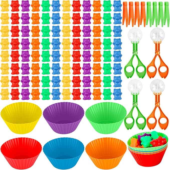 120 Pieces Fine Motor Toy Counting Sorting Counting Sorting Bears Includes 96 Cute Rainbow Sorting Bears 8 Tweezers 4 Scissors Clips and 12 Colorful Cups for Kid Early Skill Education