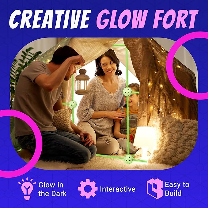 Playbees Glow in The Dark Fort Building Kit with Rods and Connectors - 132 Pieces - Glow in The Dark - Ages 4-8, 8-12 STEM Building Toy, Construction Set for Kids, DIY Castle, Birthday Gift