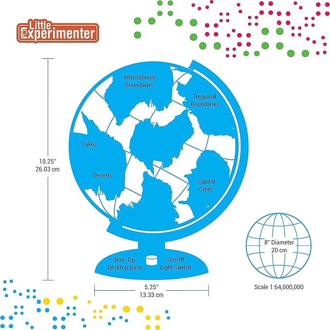 Little Experimenter 8” Illuminated Globes for Kids - Light Up World Globe With Stand, Best Gift Ideas for Children, Educational STEM Toys for All Ages, Gifts for Boys And Girls Ages 8-12+ Years Old