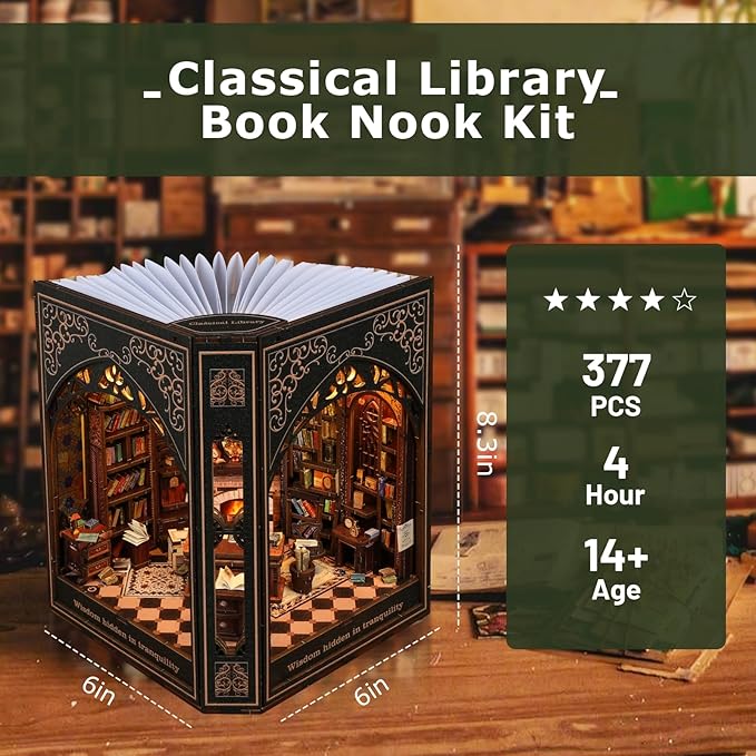 Book Nook Kit with Nightlight – Type-C and Battery Powered DIY Bookshelf Decor, Perfect for Home and Office Gift（Classical Library）