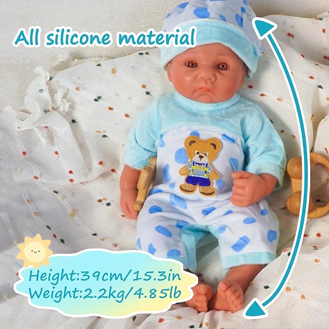 Reborn Baby Dolls Silicone Full Body 15.4in Weighted Real Life Open-Eyes Boy Dolls Lifelike Newborn Baby Soft Body Flexible Limbs Not Vinyl