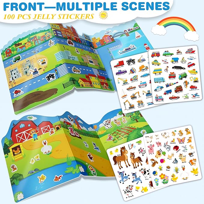Reusable Jelly Sticker Book for Kids, 2 Sets Waterproof Sticker Books Travel Toy, Toddler Craft Activities Age 3-5-Farm Animals, Vehicles