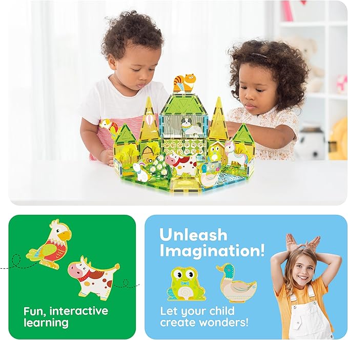 PicassoTiles 26pcs Magnetic Tiles Magnet Tile Building Blocks Printed Fall Farm Themed Animal Toy Set with 8 Farmyard Animals Character Action Figures STEM Learning Playset for Kids, Ages 3+ PTQ27
