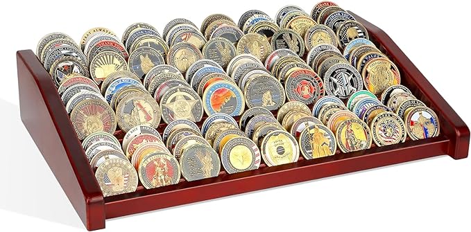 Challenge Coin Holder Display Case - 3 Tiers Solid Wood Military Coin Rack for 80-100 Coins, Army Coin Stand for Desk Display, Mahogany