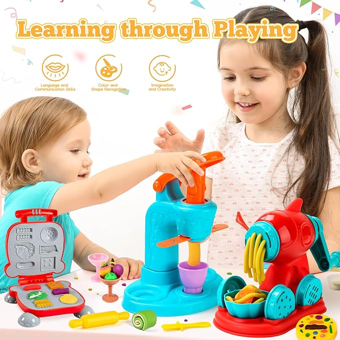 59 PCS 3 in 1 Dough Sets for Kids Ages 3-4-8, Art Crafts Dough Tools Kit, Ice Cream Playset Noodle Hamburger Maker Machine, Kitchen Creations Food Play Toys Toddlers Boys Girls