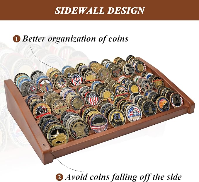 Challenge Coin Display Holder, 12 Rows Solid Wood Military Coin Stand Holds 80-100 Coins, Army Coin Display Rack for Desk (Walnut Finish)
