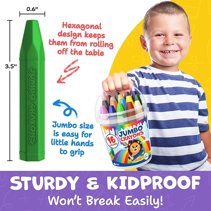Jumbo Crayons For Toddlers 1-3 - 16pc Toddler Baby Crayons For Kids Ages 4-8 1-3 2-4 - Printed & PDF Coloring Sheets Non Toxic Washable Classroom Must Haves, Christmas Stocking Stuffers For Toddlers