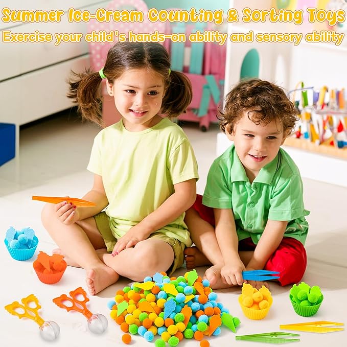 EZdhuawuse Summer Ice Cream Sensory Bin Fillers - 295 Fine Motor, Color Recognition, Sorting, Counting Toys for Kids, Ice Cream Cone Felt Pom Poms Cup Clip Gifts for Preschool Kindergarten Activities