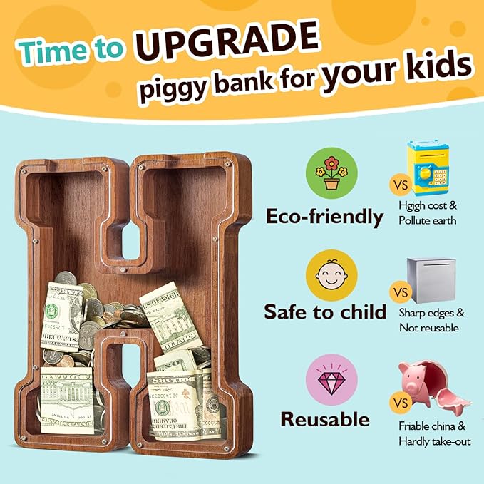 Summidate Large Wooden Piggy Bank for Kids Adults, Alphabets Letter A-Z Piggy Bank for Boys Girls, Coins Bills Change Bank Box Personalized Initial Name Kids Money Bank for Birthday Present and Decor