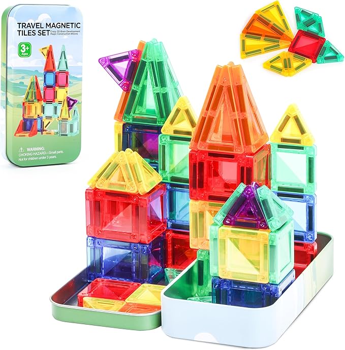 Mini Magnetic Tiles Toddler Travel Toys with Iron Box, STEM Educational Travel Set Building Toys for Kids, Travel Essential Portable Building Toys for Toddlers, Boys Girls Christmas Birthday Gift