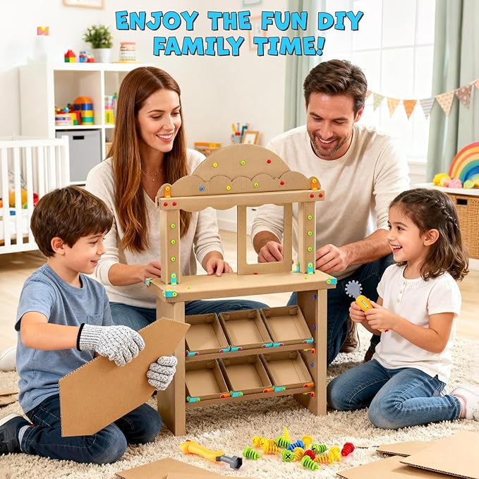 196 PCS Cardboard Cutter for Kids, Reusable Safe Cardboard Tools for Kids with Box, Gloves, Screws, Connectors, Screwdrivers, Saws, Educational Toys for 5 6 7 8 Year Old, Birthday Gift for Boys Girls
