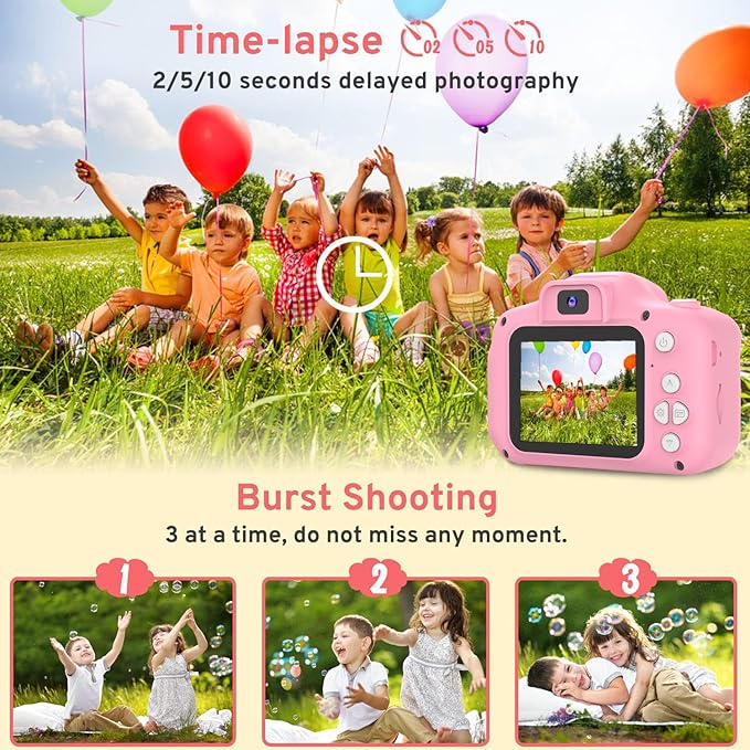 PROGRACE Digital Camera for Kids, 40MP FHD 1080P Toddler Camera with 4-16X Zoom and Anti-Shake, IPS HD Screen, Birthday Toys for Girls and Boys Ages 3-12 - Pink