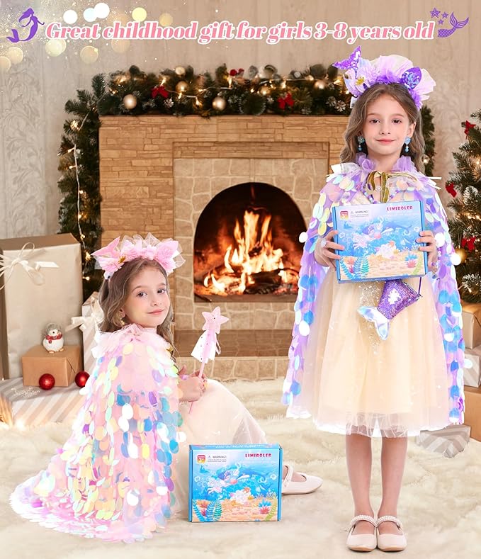 Princess Dress Up Toys Princess Dress Up Clothes Rainbow Mermaid Cape Kit 9 Pcs Gift Set for Little Girls 3-8 Years