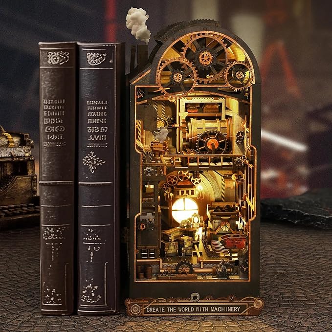 DIY Book Nook Kit, Miniature Bookshelf Decor with LED Lights, Laser-Cut Wooden Craft Set for Adults, Creative Gift for Christmas, Birthday, Mechanical World