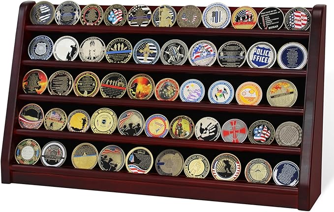 5 Rows Challenge Coin Holder Display Stand Holds 50 Coins for Wall Mount or Tabletop, Solid Wood Military Coin Rack Display Case for Army Collectibles, Mahogany