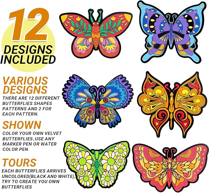 Bosctanuc 24 PCS Butterflies Velvet Coloring Cardstock,Fuzzy Art Posters Color Your Own Butterflies DIY Activity for Kids for Spring Craft