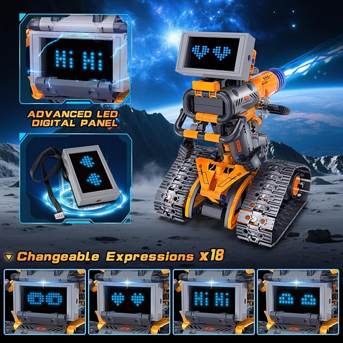 Robot Toys with LED Eyes & 18 Expression Building Toy, 5-in-1 App & Remote Control Rechargeable Robotics Set for Kids, RC Programmable Projects Educational Gift for Boys Girls 8-14 Year Old Teens