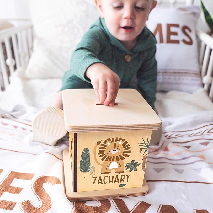 Wooden Piggy Bank for Kids and Adults, Personalized Gift Handmade in USA by BloomOwl, Custom Piggy Bank, Personalized Banks for Kids, Gifts for Baby Boys and Girls (Earthy Jungle)