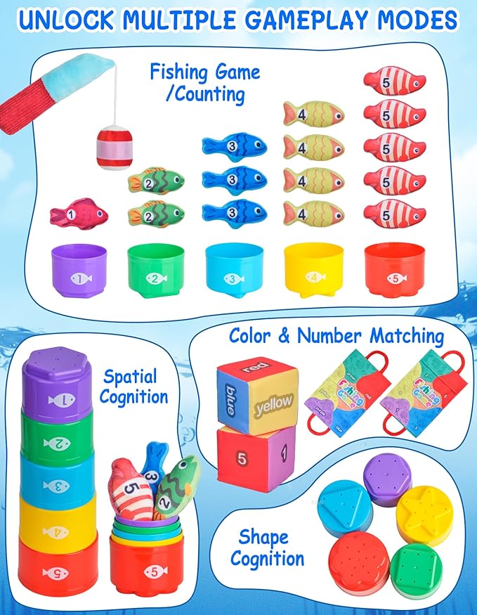 Montessori Toys for 1 Year Old, Cloth Fishing Game with Stacking Cups 24 Pcs for Toddlers 1 2 3, Sensory Toys for Kids Baby Shower Birthday Easter Gifts for 6-12 Months Girls Boys