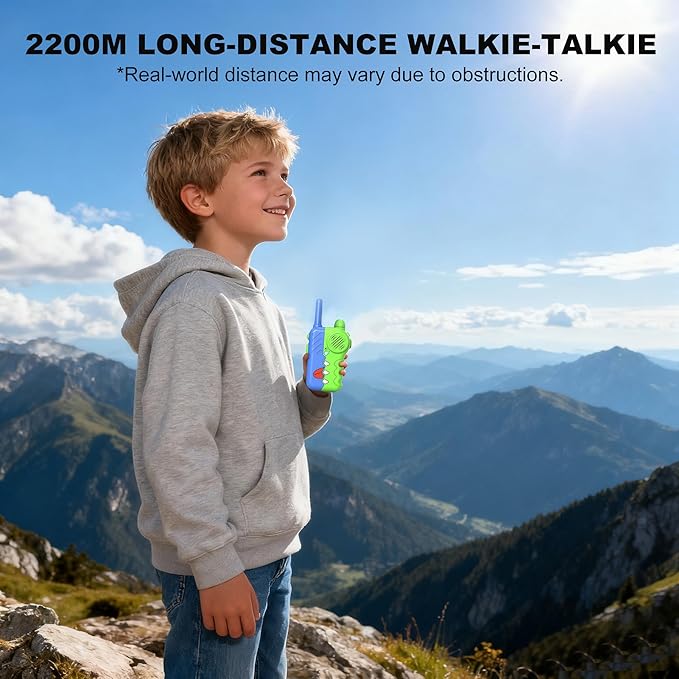 2200m Long Range Kid's Walkie Talkies 2 Pack, Boy's Walkie Talkies Toys, Indoor Outdoor Camping Fun Toys, Built-in Flashlight, Boys Birthday Gifts, Family Games (Green)
