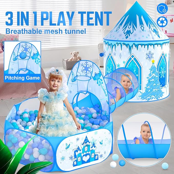 3 in 1 Girls Frozen Play Tent for Kids: Pop Up Baby Playhouse with Toddlers Crawl Tunnel, Ball Pit and Princess Castle Tent - Children Play Tent Frozen Toys Indoor and Outdoor Game for Birthday Gift