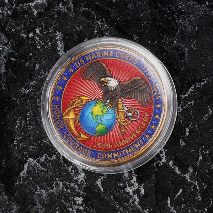 US Marine Corps 250th Anniversary Challenge Coin - Double-Sided Eagle, Globe & Anchor Design - 1775-2025 Honor Military Coin - Courage & Commitment Keepsake for Veterans & Marines