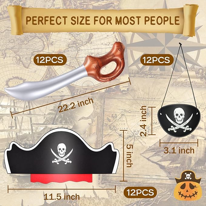 Legigo 36 Pcs Funny Pirate Party Set- Include 12 Pirate Hats, 12 Eye Patches, 12 Inflatable Swords for Pirate Party Cosplay Caribbean Dress Accessories