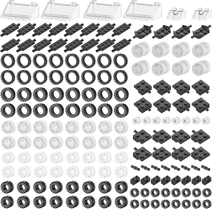 Wheels and Axles Sets Tires Building Kit with Windshield, Compatible with Lego Wheels and Axles, 186 Pcs Car Parts and Classic Pieces Accessories, Bulk Bricks Sets Education Construction Toys