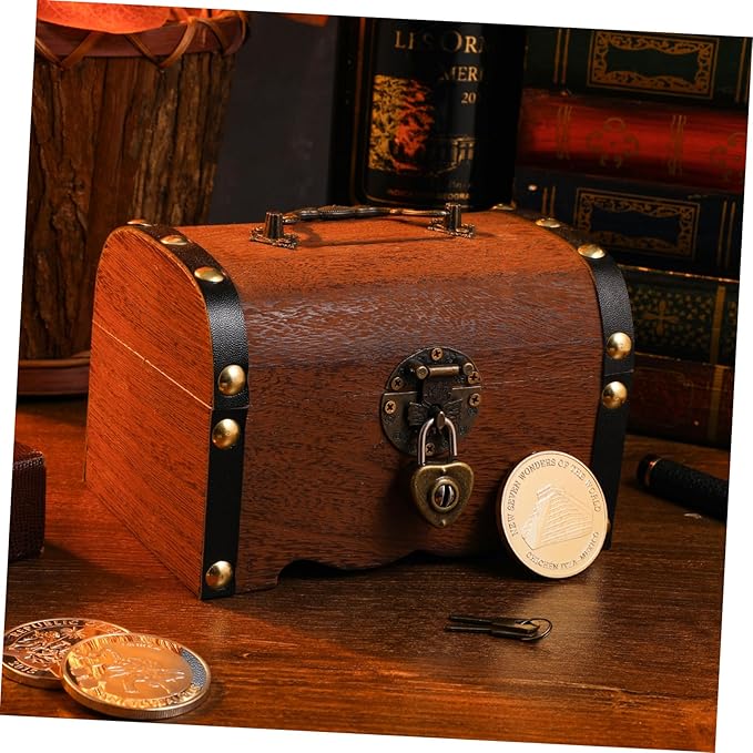 Toyvian Box Treasure Chest Money Safe for Cash Saving for Adults Wooden Treasure Vintage Wooden Trunk Piggy Bank Organizer with Lock Jewlery Kids Toys Craft Boy Miss Metal Wedding Necklace