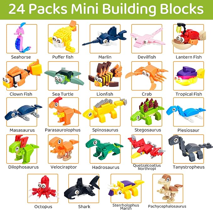 24 Packs Mini Building Blocks Animal Set Pinata Stuffers Prize Box Toys for Kids Classroom Activity with Themes of Dinosaur and Sea Creatures