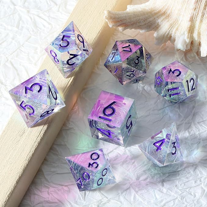 Sharp Edge Dice with Iridescent Plating, DNDND Handmade Liquid Core Resin D&D Dice Set with Dragon Metal Gift Case for Dungeons and Dragon Tabletop Games (Iridescent Plating Liquid)