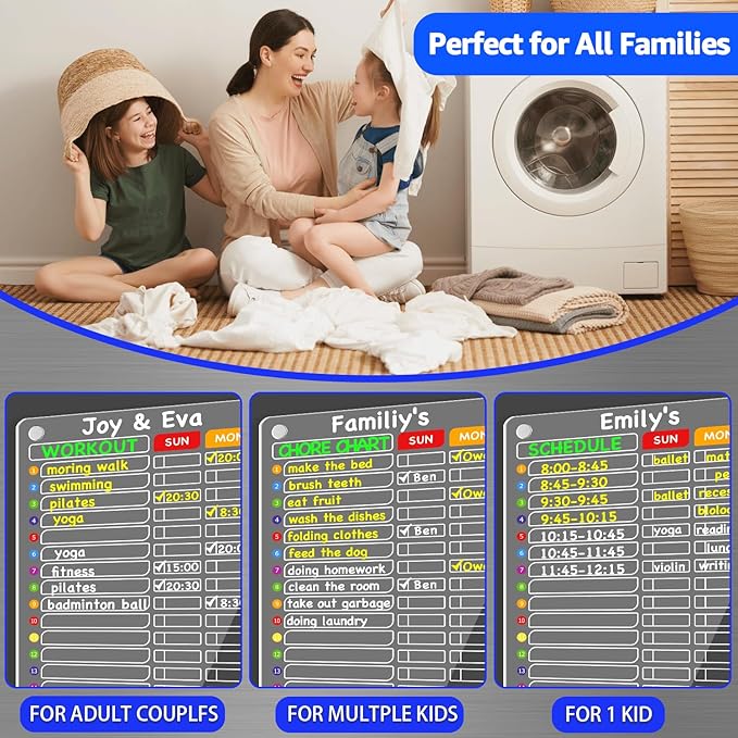 PigPotParty Acrylic Magnetic Chore Chart for Family & Multiple Kids – 16"x12" Large Dry Erase Chore Board for Fridge, Daily & Weekly Responsibility Chart for Adults, Includes 12 Markers & 1 Towel