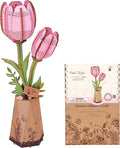 3D Flower Wooden Puzzles for Adults-Pink Tulip, DIY Wooden Flowers Model Kit Building Set Crafts for Adults to Build, Botanical Collection/Ideal Creative Gift Ideas/Housewarming (72PCS)