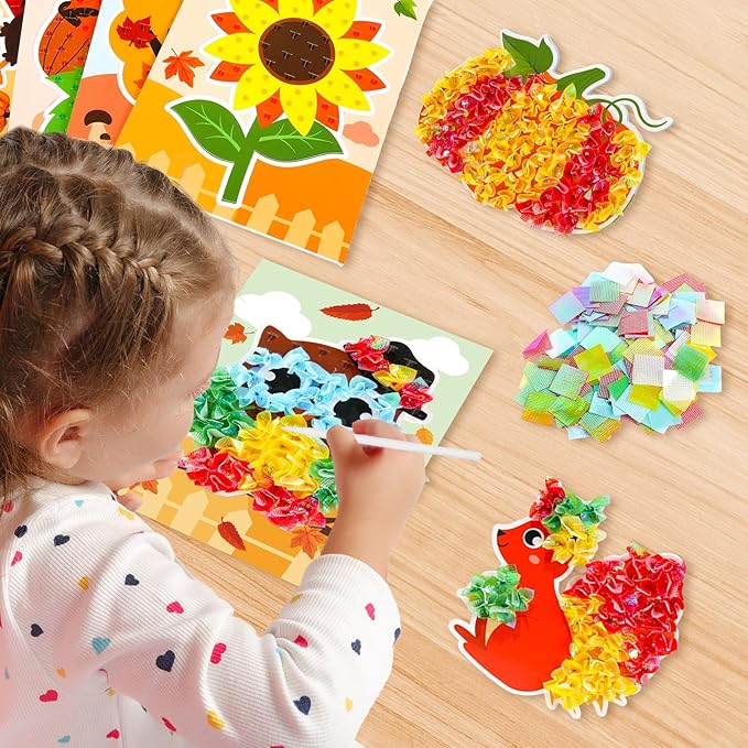 8PCS Poke-in Craft Art Kit Kids Fall Thanksgiving No-Mess Fabric Sewing Girl Boy 4-12 Puzzle Puncture Painting DIY Turkey Pumpkin Fall Harvest Toy Gift Creative Activity Game Birthday Party