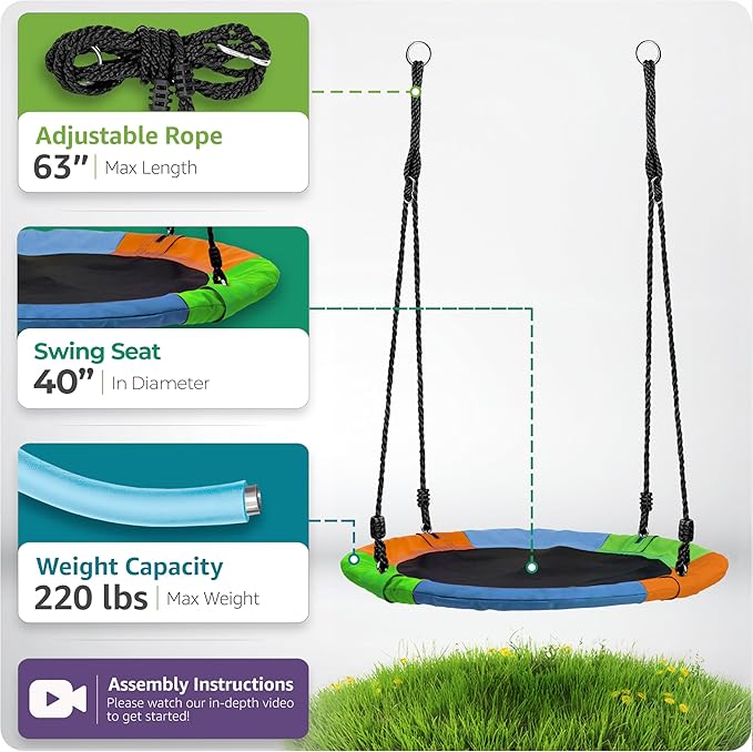 Sorbus 40" Saucer Tree Glider – 220lbs Kids Outdoor Seat with Adjustable Ropes – Durable Net Design for Backyard, Swing Set, or Indoor Use – Fun Gift Idea