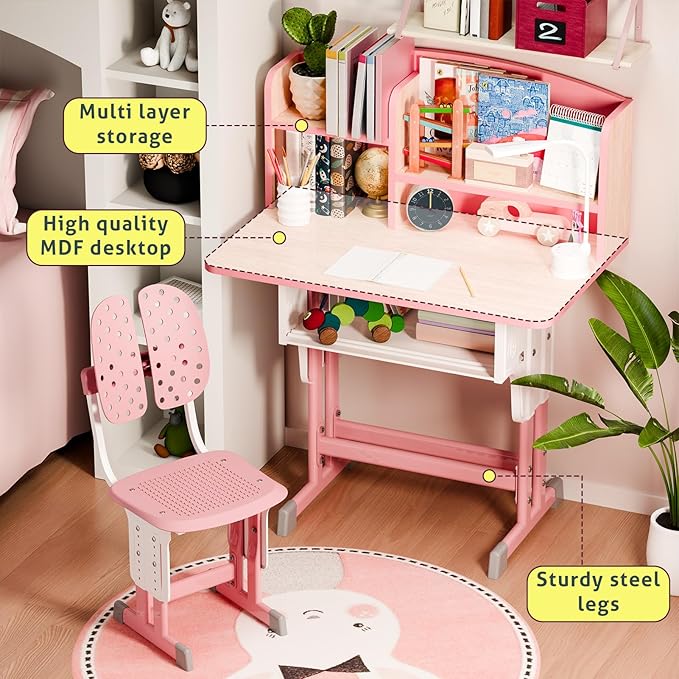 2025 NEW Kid's Study Desk and Chair Set, Ergonomic Height Adjustable Children Study Desk with Tilt Desktop, Book Stand, Light, Metal Hook and Storage Drawer,Gift for Boys Girls (Pink 70cm no lean)