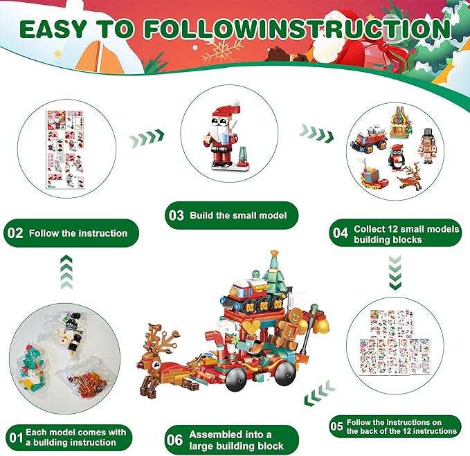 24-Day Building Block Countdown Calendar 2024 for Kids and Adults 24 Days of Building Fun with 12-in-1 Surprise Models