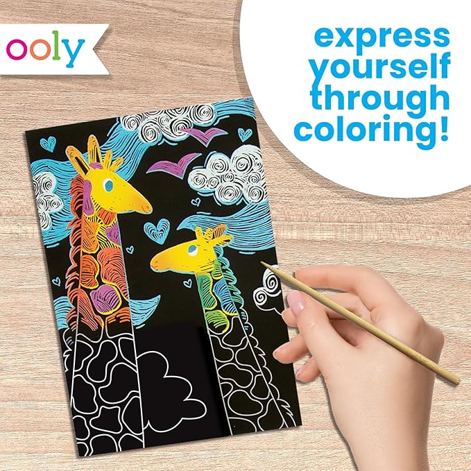 Ooly Scratch & Scribble 10pc Art Kit with 8 Total Scratch Cards (4 Illustrated, 2 Blank, 2 Rainbow) with Scratching Tool and Sparkled Stickers, Art Set Gifts for Kids - Colorful Safari