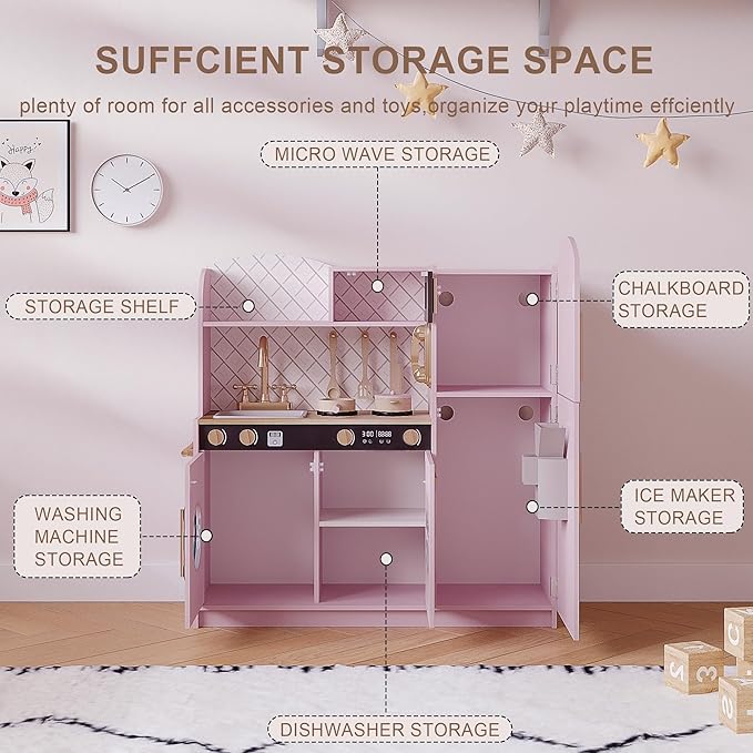 Treocho Play Kitchen for Kids, Wooden Toddler Kitchen Set with Storage, Modern Design Toy Kitchen with Faucet&Sink, Stove, Chalkboard, Icemaker and Various Accessories for Kids Ages 3+, Pink
