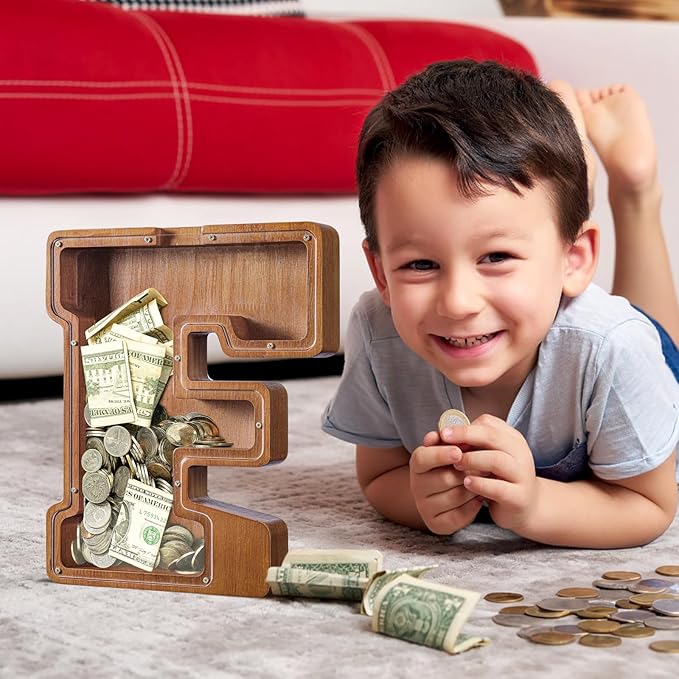 Summidate Customized Name Extra Large Wooden Piggy Bank for Kids Boys Girls Alphabets Letter A-Z Coins Bills Money Change Saving Box Clear Cover (Laser Engraved) Educational Toys 12"- Letter F