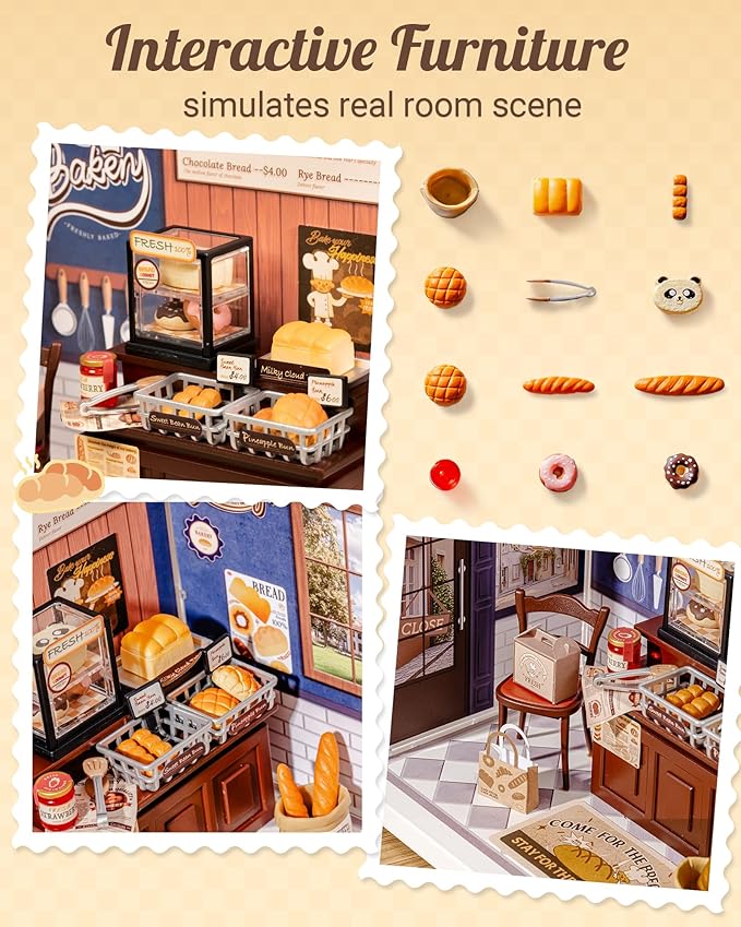 Rolife Super Creator Mini-Size | DIY Miniature Plastic House Building Set Playset with Dustcover, Suitable for Mini Figures Construction Toys Diorama Gifts for Adults (Butter Bakery House)