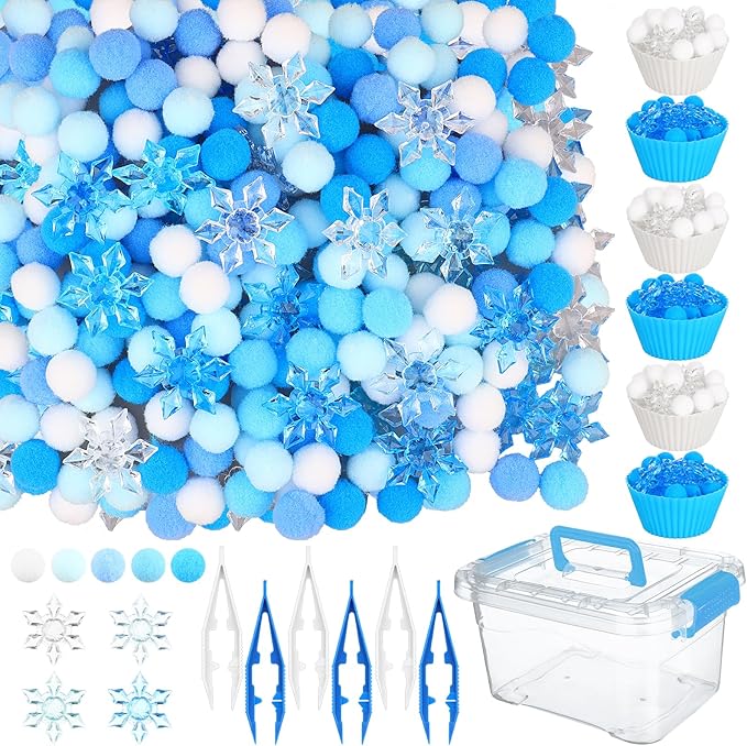 700PCS Winter Sensory Bin Items Christmas Sensory Bin Filler 240 Pompoms 450 Resin Snowflake 6 Cups 6 Tweezers 1 Storage Box for Winter Xmas Sorting Counting Training Preschool Education Activities