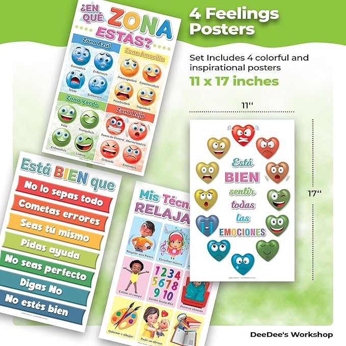 DeeDee's Workshop 4 Spanish Feelings Chart For Kids, Spanish Posters for Classroom, Zones of Regulation Poster, Spanish Classroom Must Haves, Set of 4 (11 x 17 inches)