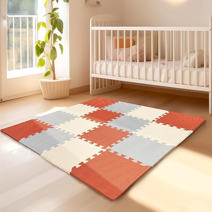 TCBunny Kids Soft EVA Foam Jigsaw Puzzle Play Mat, 18 Interlocking Tiles and Edges Baby Play Mat, for Kids Gym, Nursery, Playroom, Pet Mat, Total Floor Coverage 16 Sq Ft