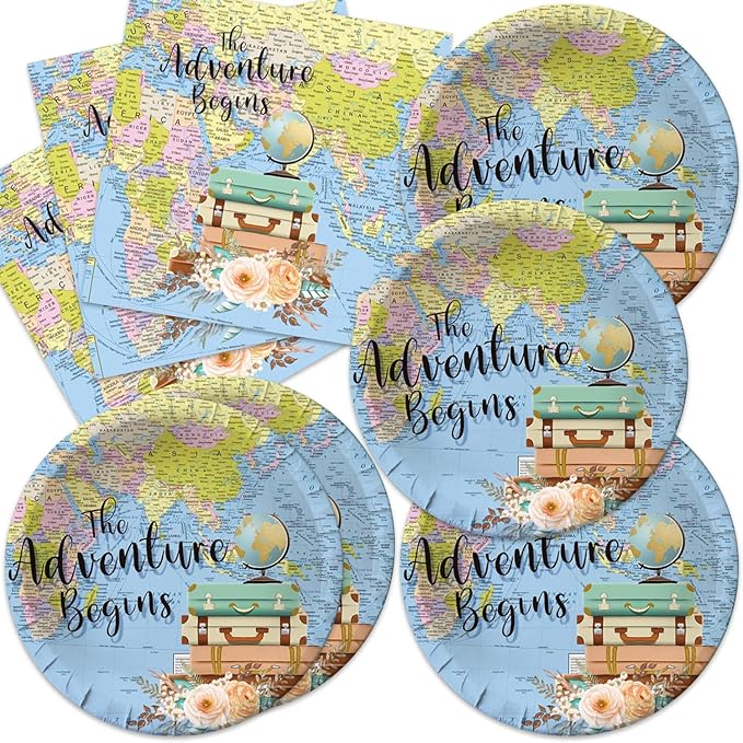 Around The World Party Decorations 40Pcs Adventure Awaits Birthday Plates and Napkins Supplies Baby Shower Graduation Retirement Decor Globe Travel Themed Party Decorations Serve 20